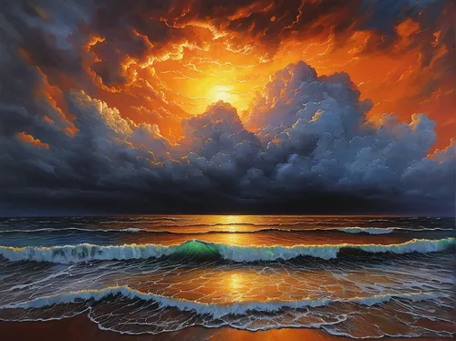 seascape,sea storm,sea landscape,beach landscape,coastal landscape,oil painting on canvas,oil painting,coast sunset,meteorological phenomenon,sunrise beach,tramonto,thunderclouds,landscape with sea,eventide,art painting,sunset beach,storm clouds,atmosphere sunrise sunrise,volcanic eruption,fantasy art,Illustration,Paper based,Paper Based 08