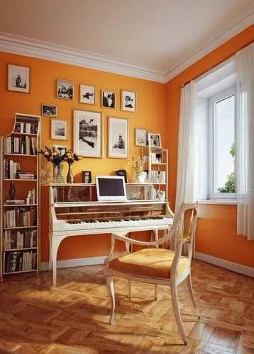 writing desk,danish room,fortepiano,wooden desk,interior decoration,yellow orange,search interior solutions,creative office,piano books,great room,modern room,study room,home interior,hardwood floors,interior decor,playing room,orange,harpsichord,pianoforte,grand piano,Photography,Documentary Photography,Documentary Photography 32