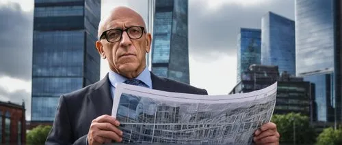 Middle-aged, mature male, architect, suit, tie, glasses, beard, holding blueprints, standing, confident pose, Greater Manchester cityscape, modern skyscrapers, urban landscape, cloudy sky, subtle sunl