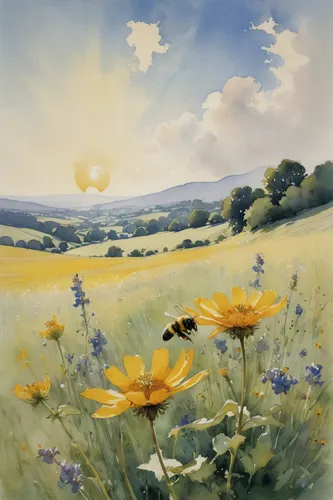 Draw a bumble bee buzzing through a sun-soaked meadow with a backdrop of rolling hills.,meadow landscape,summer meadow,meadow in pastel,wildflower meadow,flower meadow,bee pasture,bees pasture,meadows