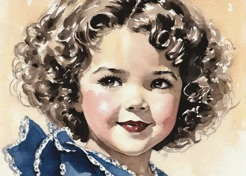 shirley temple,child portrait,girl portrait,watercolor painting,portrait of christi,portrait of a girl,watercolor sketch,watercolor,artist portrait,watercolor paint,young girl,watercolour,vintage drawing,portrait,vintage female portrait,caricaturist,madeleine,photo painting,watercolor paper,caricature,Illustration,Paper based,Paper Based 05