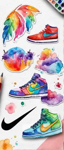 Design trendy Nike stickers for a streetwear collection.,watercolor paint strokes,watercolor baby items,water colors,running shoe,rainbow colors,multicolor,nike,artistic roller skating,watercolor sock