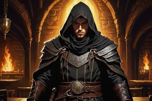 hooded man,prejmer,templar,massively multiplayer online role-playing game,magistrate,assassin,dark elf,paladin,the abbot of olib,dodge warlock,archimandrite,heroic fantasy,aesulapian staff,kadala,vax figure,game illustration,alaunt,hooded,sterntaler,cloak,Illustration,Black and White,Black and White 19