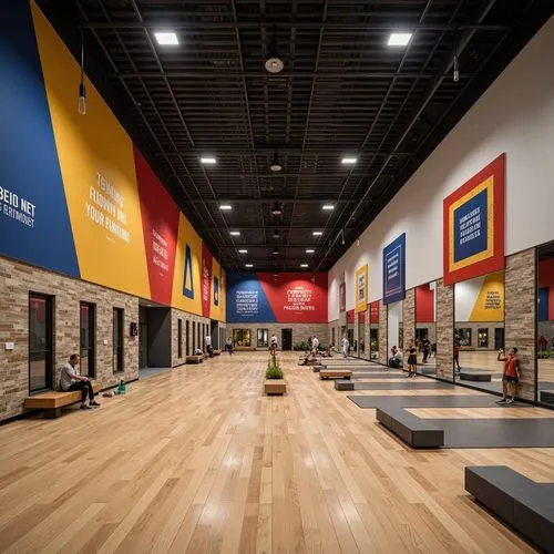 Modern gymnasium interior, polished wood flooring, matte finish walls, acoustic ceiling panels, recessed LED lighting, vibrant color accents, motivational quotes, athletic-inspired graphics, sleek met