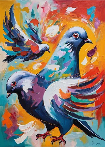 bird painting,colorful birds,plumed-pigeon,peace dove,birds with heart,ornamental bird,doves of peace,blue parrot,dove of peace,fantail pigeon,flying birds,birds,wild birds,blue bird,the birds,tropical birds,decoration bird,pigeon birds,doves and pigeons,birds in flight,Conceptual Art,Oil color,Oil Color 20