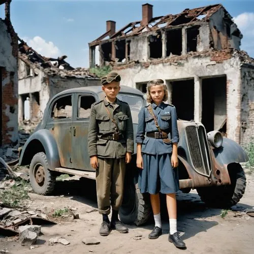 a young school boy, his 13 years old girlfriend, his fahter , 35 in USAAF outgoing uniform,summer 1945 in ruin zu Berlin, tank wrecks , rusty German car, strolling ,vintage boy and girl,postwar,world 