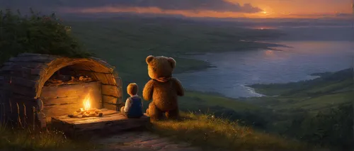 campfire,evening atmosphere,warmth,romantic scene,summer evening,teddy bear waiting,fairy chimney,fireside,idyll,campfires,romantic night,bear guardian,first light,warm heart,fantasy picture,girl and boy outdoor,home or lost,longing,candle light,idyllic,Art,Classical Oil Painting,Classical Oil Painting 13