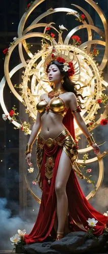 As the grand temple comes alive, a majestic celestial sculpture emerges from the chaos. She it's adorned with a stunning burst of vibrant flowers, bursting with radiant red and gold. The air around th