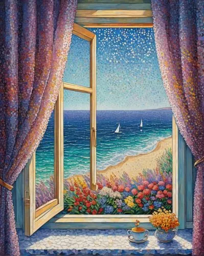 window with sea view,bedroom window,window treatment,window covering,window curtain,ocean view,the window,window to the world,seaside view,window,sea view,sea landscape,carol colman,open window,bay window,window view,a curtain,curtains,seascape,window seat,Conceptual Art,Daily,Daily 31