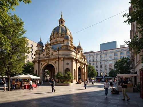 Grand historic pavilion, ornate Baroque fa\u00e7ade, intricately carved stonework, gilded details, majestic entrance gates, vibrant urban plaza, bustling city streets, modern skyscrapers, verdant gree