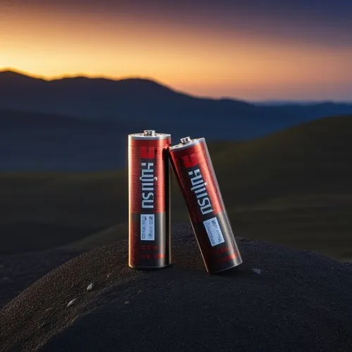 a fujitsu battery under the dark earth with dark sky background,a close up of two batteries near a mountain,fuchai,batteries,the batteries,rechargeable batteries,alakaline battery,aa battery,Photograp