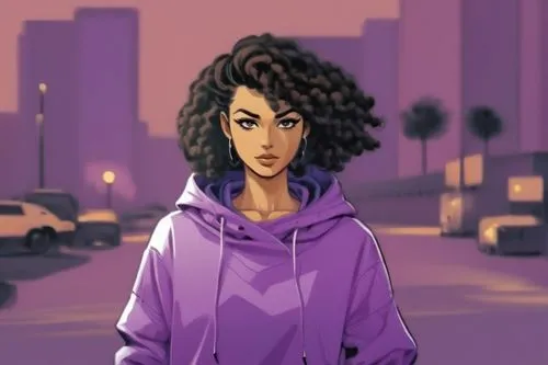 an animated image of a woman in purple clothes and big hair,pixton,desna,purple background,boondocks,tahoua,hoodie,Illustration,Vector,Vector 01