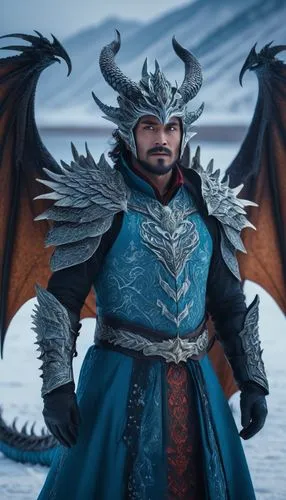 demon king, bright eyes, Clothes with intricate design and mysterious patterns, big iced dragon wings, celestial being, frozen lake, windy, snow storm, sharp image, 8k, masterpiece,valyrian,ealdwulf,d