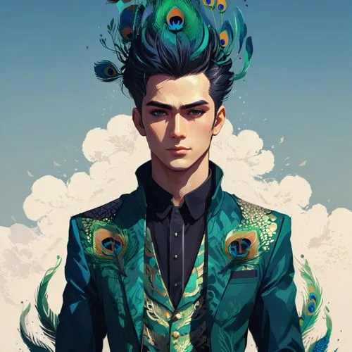 pompadour,pompadoured,pompadours,peacock,xufeng,blue peacock,pharmacopeia,fairy peacock,dandy,dalixia,koichi,hierophant,pomp,conjuror,fantasy portrait,atreides,sea god,carnacki,jughead,jotaro,Conceptual Art,Fantasy,Fantasy 32