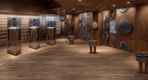 sports shoe store,ancient singing bowls,a museum exhibit,singing bowls,wine barrels,music store,christopher columbus's ashes,jewelry store,ufo interior,hallway space,shoe cabinet,capsule hotel,loudspe