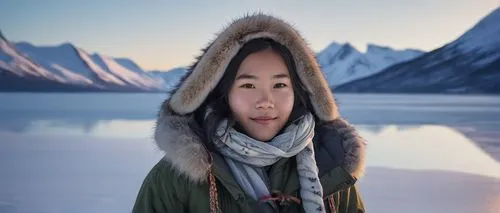 Utsoa, Inuit girl, traditional clothing, parka, fur-lined hood, gloves, snow pants, kamik boots, braided hair, rosy cheeks, bright smile, snowflakes gently falling, winter landscape, frozen lake, iceb