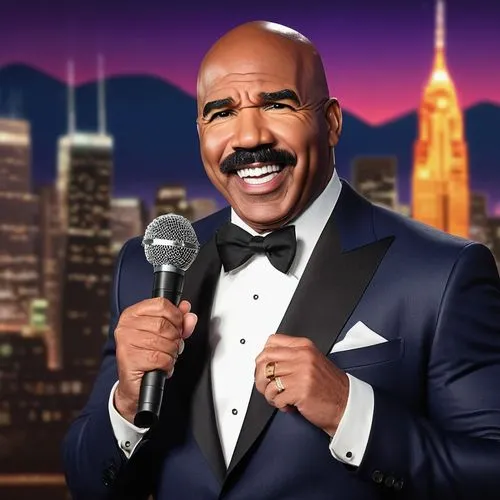 Steve Harvey, 60s American TV host, smiling face, sharp jawline, mustache, black suit, white shirt, bow tie, holding microphone, standing in front of a city skyline backdrop, bright stage lights, stud