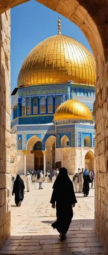 Ancient, historic Jerusalem architecture, golden Dome of the Rock, intricate Islamic patterns, ornate Hebrew inscriptions, weathered stone walls, narrow cobblestone streets, grand archways, majestic m