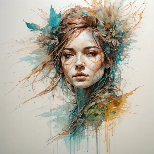 girl in a wreath,boho art,feather headdress,faery,dryad,mystical portrait of a girl,headdress,wilted,splintered,faerie,fashion illustration,art painting,fantasy portrait,fantasy art,dried flower,girl portrait,color feathers,young woman,watercolor pencils,girl in flowers,Illustration,Paper based,Paper Based 13