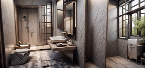 luxury bathroom,modern minimalist bathroom,3d rendering,bathroom,wooden windows,japanese-style room,interior modern design,washroom,room divider,shower bar,penthouse apartment,laundry room,render,3d rendered,luxury home interior,tile kitchen,hallway space,shower base,rest room,interior design