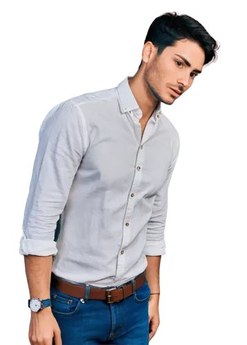 man, solo, (30yo), strong jawline, short black hair, brown eyes, slight stubble, white shirt, unbuttoned collar, silver watch, relaxed posture, leaning forward, 3/4 composition, softbox lighting, shal