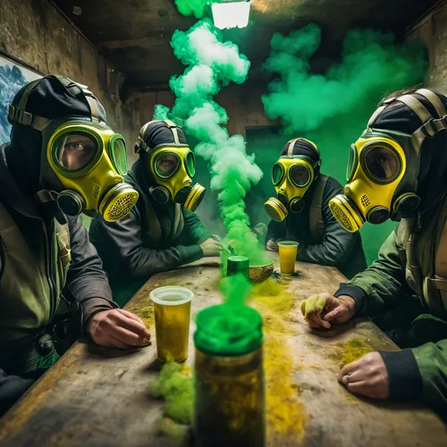 A group of people wearing gas masks, green and yellow smoke all around, fish eye lense,chemical disaster exercise,poison gas,respirators,chemical container,green smoke,respirator,chernobyl,gas mask,co