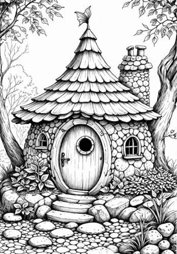 round house,woodring,fairy house,round hut,fairy door,witch's house,Design Sketch,Design Sketch,Detailed Outline