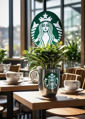 Starbucks store, modern architecture, large glass windows, wooden accents, cozy atmosphere, mugs on a table, ceramic material, white and green logo, coffee cups, saucers, wooden tables, metal chairs, 