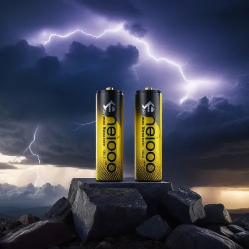 a digital batteries in a podim with wild storm with lightning effect on the background, dark sky, wide angle , storm


,two batteries sit atop rocks under a dark cloud,rechargeable batteries,alkaline 