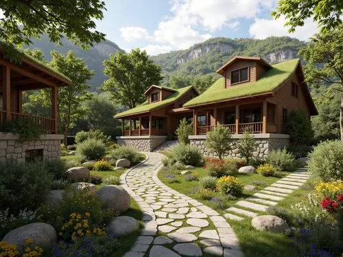 house in the mountains,alpine village,summer cottage,house in mountains,the cabin in the mountains,home landscape,chalet,mountain settlement,house in the forest,forest house,country cottage,cottage,mountain huts,3d rendering,ecovillages,alpine landscape,rivendell,country house,beautiful home,cottage garden