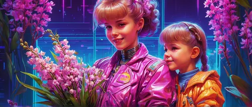 valerian,florists,retro flowers,twin flowers,children's background,rocket flowers,flower dome,cyberspace,flower background,digiart,computer graphics,purple flowers,florist,pink-purple,purple and pink,phalaenopsis,vapor,flower shop,flowers png,two girls,Conceptual Art,Sci-Fi,Sci-Fi 27