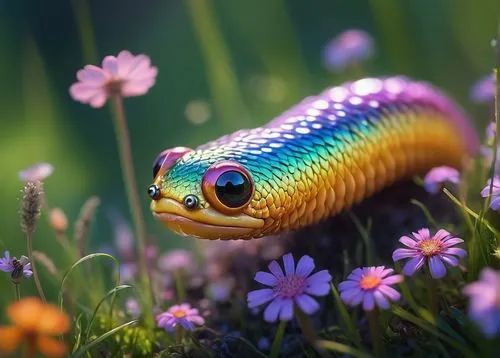 Fantasy, whimsical, tattletale worm, slimy skin, iridescent scales, curled horns, sparkly eyes, tiny wings, delicate features, lush meadow, colorful wildflowers, warm sunlight, soft grass, tiny mushro