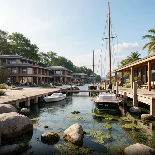 Seaside coastal town, rustic wooden docks, sailboats, seaweed-covered rocks, ocean breeze, salty air, sandy beaches, driftwood sculptures, weathered nautical ropes, eco-friendly buildings, green roofs