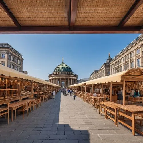 a cultural pavilion market on the waterfront of museum island with booths of shops on both sides varying between cultural and souveneer shops,unterer marktplatz,palace square,gendarmenmarkt,lviv,rynek