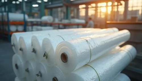 Polyethylene materials, translucent plastic sheet, corrugated texture, rolled up, tied with rope, placed in a modern factory, industrial setting, metal shelves, bright fluorescent lighting, afternoon 