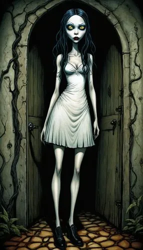 creepy doorway,lenore,ghostley,orona,pernicious,dollmaker,pierrot,gretel,the girl in nightie,anabelle,horrorland,ogress,rasputina,katherina,bjd,drusilla,deadbolt,leota,devilwood,the threshold of the house,Illustration,Realistic Fantasy,Realistic Fantasy 33