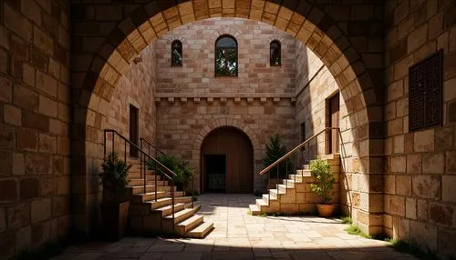 Ancient watchtower, stone brick walls, rustic mortar joints, weathered stone surfaces, ornate arches, grandiose entrance gates, medieval-inspired architecture, fortified structures, battlements, narro