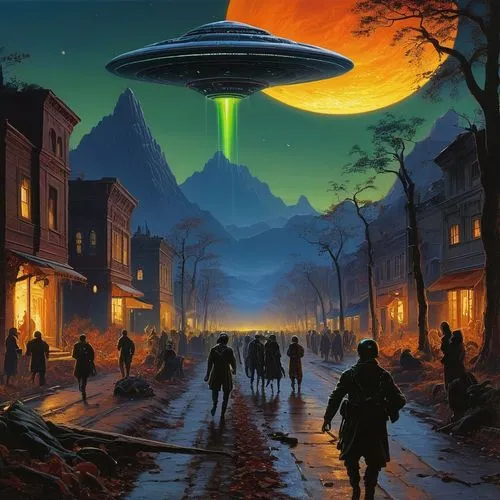 ufos,ufo,alien invasion,ufo intercept,extraterrestrial life,alien planet,planet alien sky,sci fiction illustration,aliens,alien world,saucer,extraterrestrial,science fiction,brauseufo,science-fiction,et,abduction,alien ship,close encounters of the 3rd degree,flying saucer,Art,Classical Oil Painting,Classical Oil Painting 42