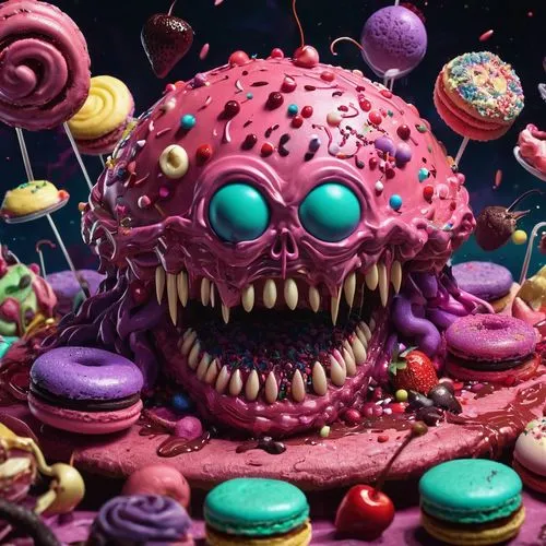 Animated, colorful, juicy, 3D, Western-style dessert, rotating, spinning, twirling, sweet treats, macarons, cupcakes, ice cream cones, donuts, cookies, candy, lollipops, fruit tart, chocolate cake, st