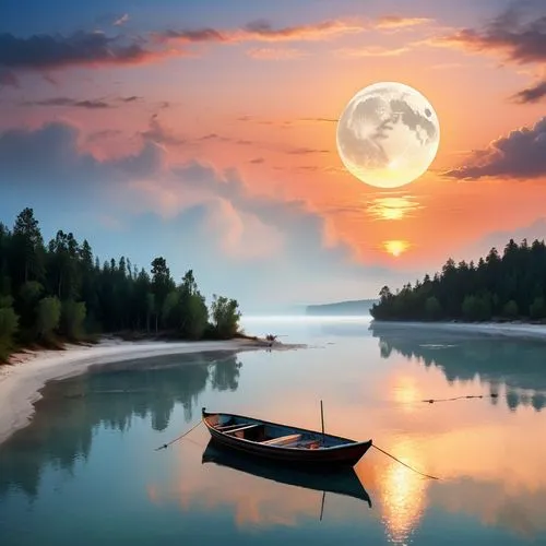 moonrise,moonlit night,full moon,hanging moon,evening lake,calm water,tranquility,landscape background,calm waters,moonlit,beautiful lake,beautiful landscape,moon and star background,boat landscape,moonlight,fantasy picture,full moon day,moonshine,landscapes beautiful,old wooden boat at sunrise,Unique,Design,Logo Design