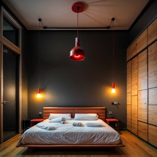 red colour wood,neon light,sleeping room,japanese-style room,guestroom,wall lamp,guest room,modern room,room divider,boutique hotel,bedroom,canopy bed,modern decor,contemporary decor,room lighting,lof