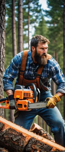 man, muscular build, holding chainsaw, aggressive stance, beard, flannel shirt, denim jeans, leather boots, rugged texture, metal chainsaw, shiny blade, pine trees, forest background, sawdust flying, 