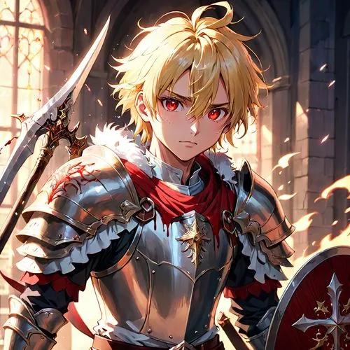 a young man with Beady blonde hair that long and would cover one of his eyes and that goes past their shoulders, stands still with his Blood red eyes with star like pupils. he also has fluffy white ea