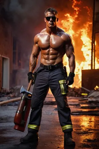 muscular man, shirtless, firefighter, bold facial expression, sweat droplets on forehead, strong jawline, messy short hair, reflective sunglasses, rugged skin tone, fireproof pants, heavy boots, holdi