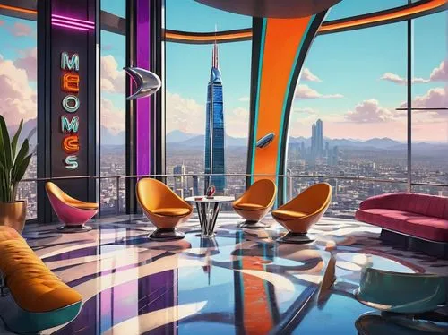 futuristic landscape,sky apartment,futuristic architecture,sky space concept,futuristic,livingroom,modern office,ufo interior,jetsons,penthouses,vdara,megacorporation,apartment lounge,skylon,luxe,smartsuite,skyscrapers,hypermodern,skyscraper,modern room,Illustration,Retro,Retro 12