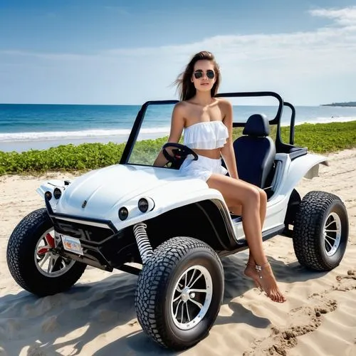 A young woman wearing a white strapless shirt and legging in a beach buggy at the beach,beach buggy,jeep wrangler,quad bike,jeep cj,compact sport utility vehicle,all-terrain vehicle,4wheeler,all-terra