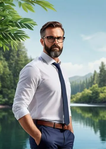 Middle-aged male PhD, landscape architecture expert, standing confidently, (35yo), glasses with black frames, short brown hair, beard, white shirt, dark blue trousers, leather belt, black dress shoes,