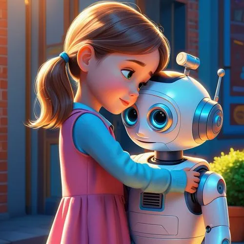 Realistic pixar closeup of a sad little girl hugging a cute robot goodbye outside school,soft robot,robotics,cute cartoon image,cute cartoon character,social bot,robots,artificial intelligence,robotic