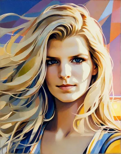 Portrait of a young woman with long flowing hair against the background of a sea sunset in sunny weather. Made in the style of rich oil painting.,blonde woman,portrait background,girl-in-pop-art,fashi