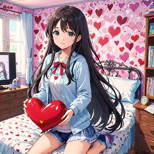 pajama,valentine background,mio,blue heart balloons,blue heart,kurumi,Anime,Anime,Traditional